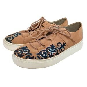 Eileen Fisher Suede Shoes Womens Size 9 Tan Blue Hand Painted Sneakers Lace Up